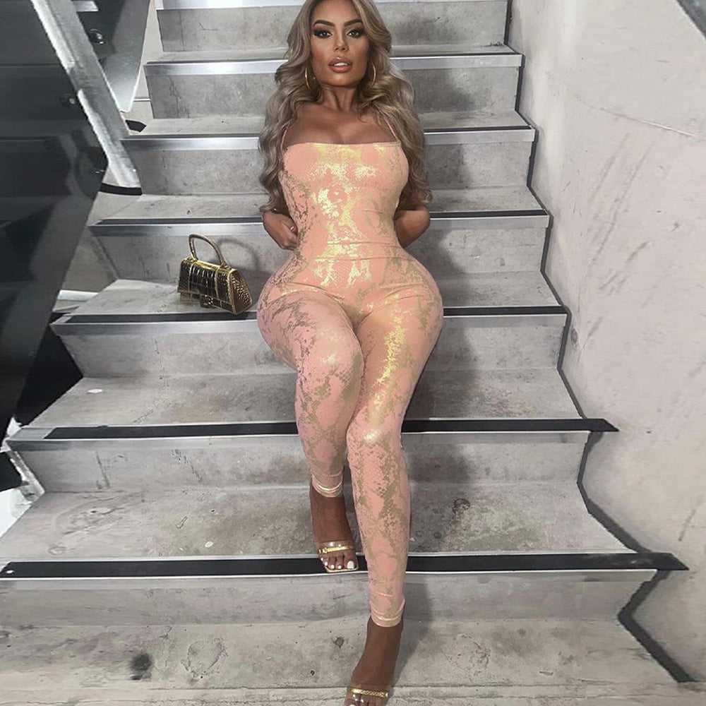Sleeveless Backless Sexy Hot Girl Style Strap Metallic Gloss Jumpsuit