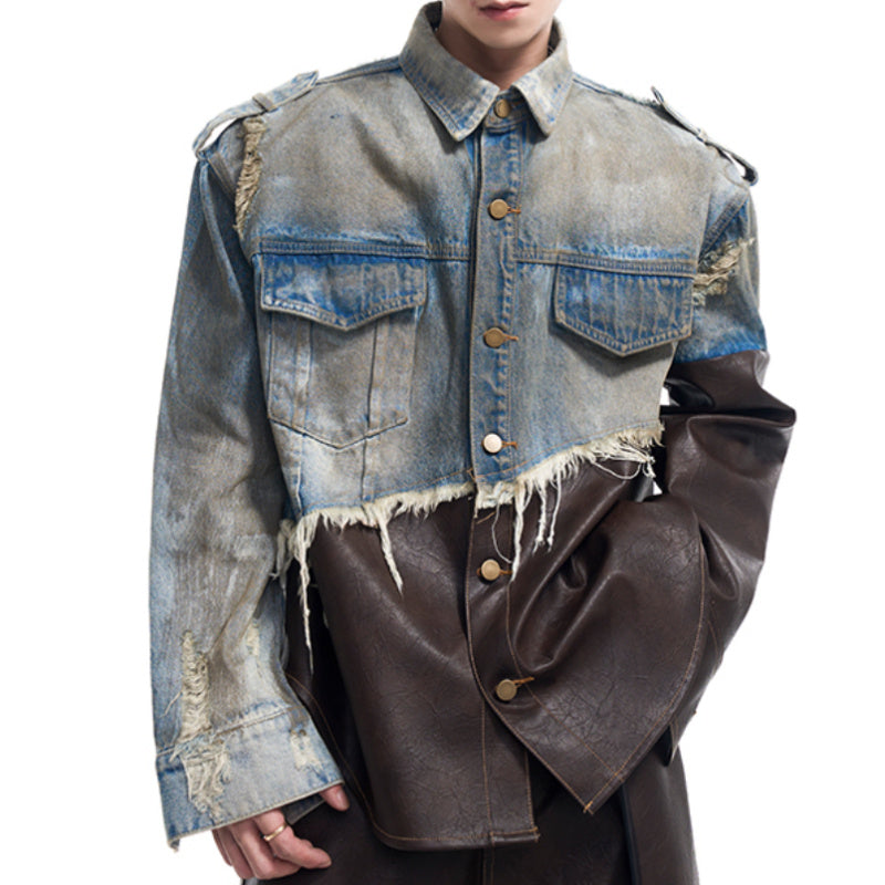 American Retro Distressed Leather Patchwork Destroyed Denim Coat Men's Autumn And Winter Dirty Jacket