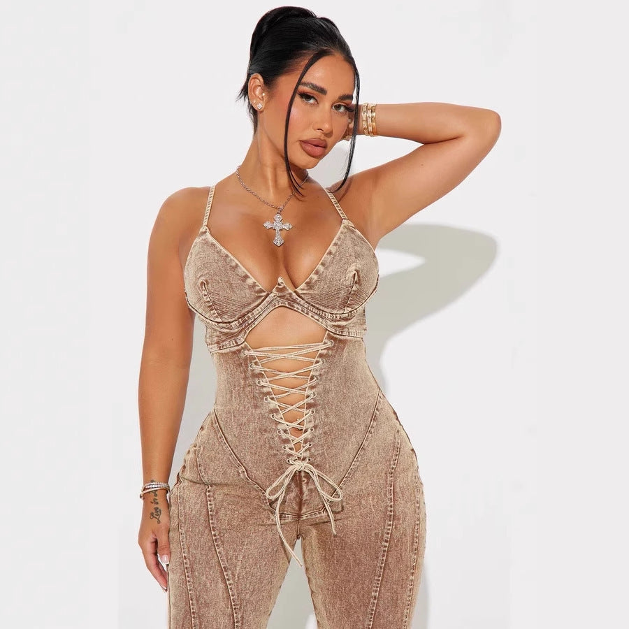Women's Fashion Hollowed-out Lace-up Girdle Denim Jumpsuit