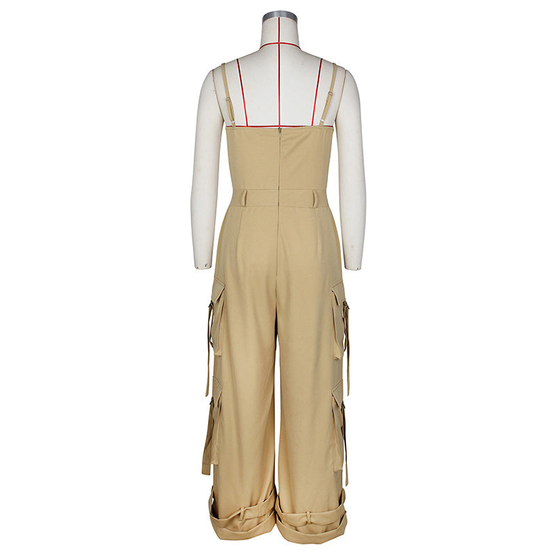 Women's Solid Color Sleeveless Jumpsuit - Wide Leg Romper With Adjustable Hem & 4 Pockets Summer Casual Outfit