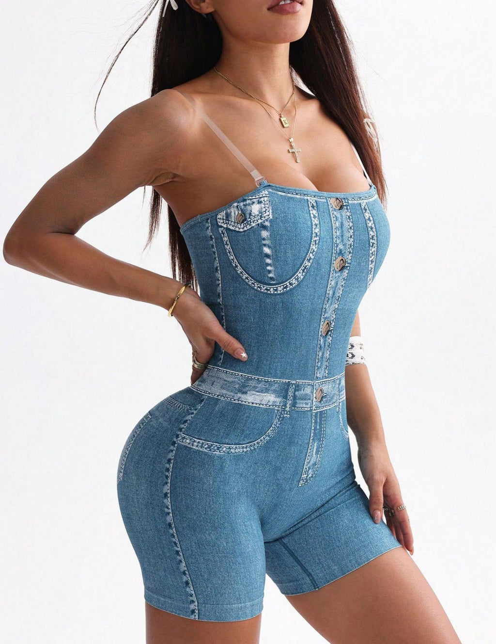 3D Denim Camisole Vest Shorts Jumpsuit