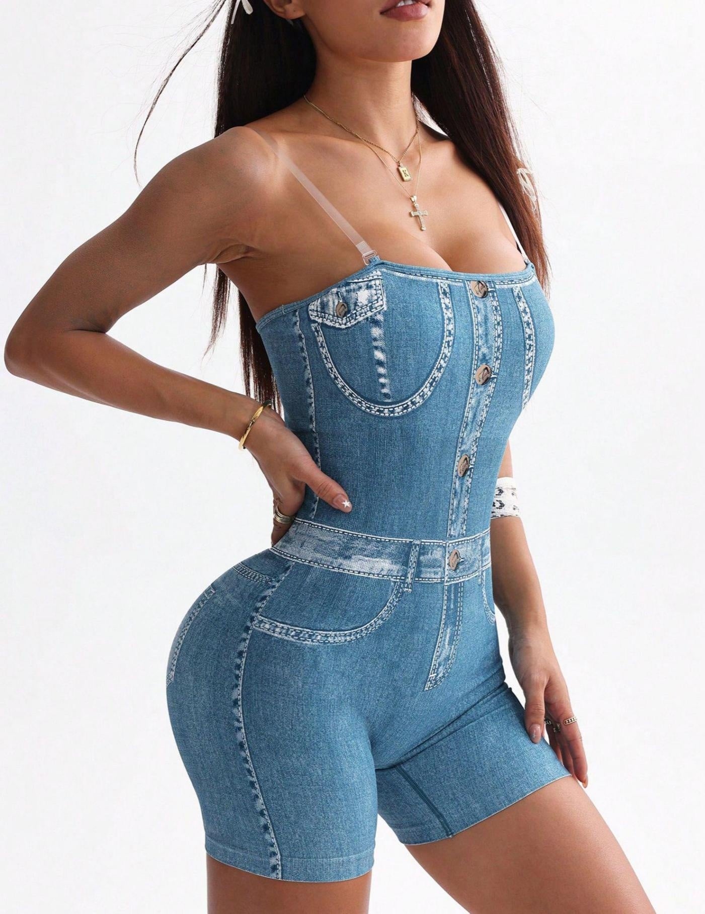 3D Denim Camisole Vest Shorts Jumpsuit