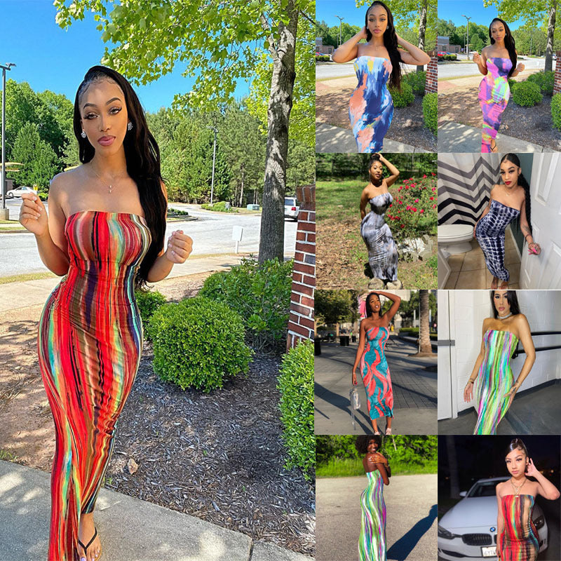 Women's Color Tie-dyed Off-shoulder Tube Coat And Dress