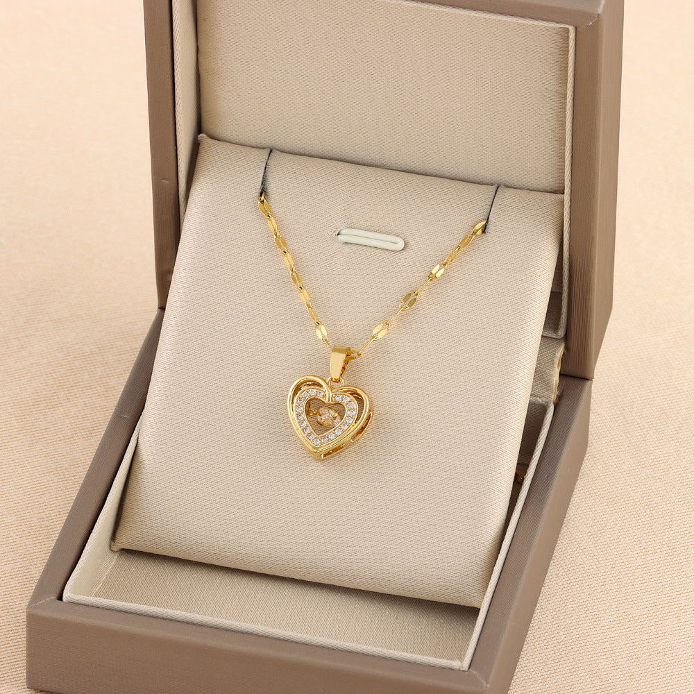 Double-layer Love Necklace With Rhinestones Titanium Steel Pendant Fashion Jewelry Woman Gift