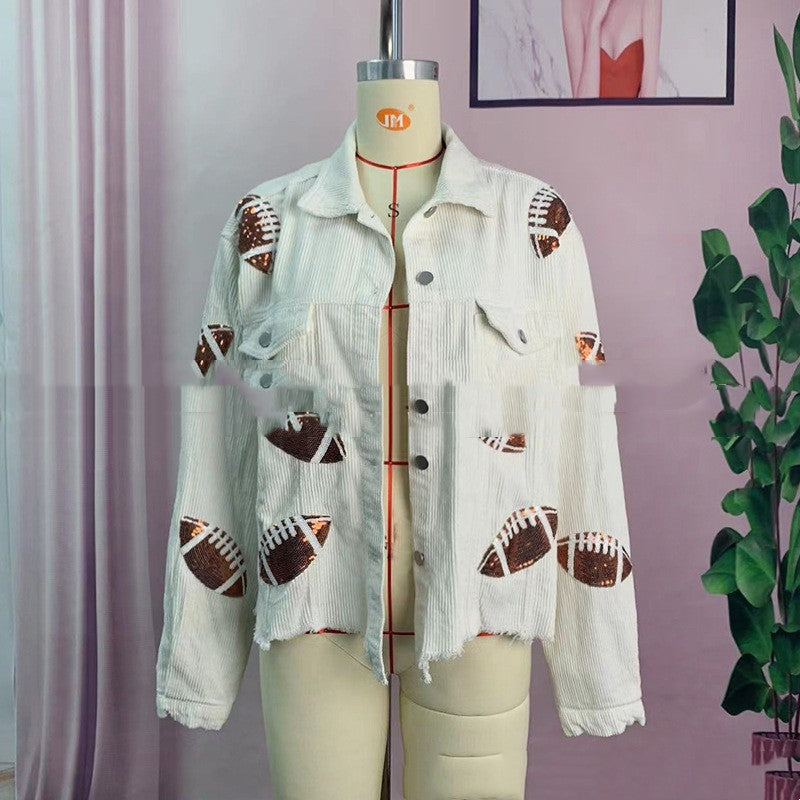 Sequined Embroidered Corduroy Rugby Wear Top