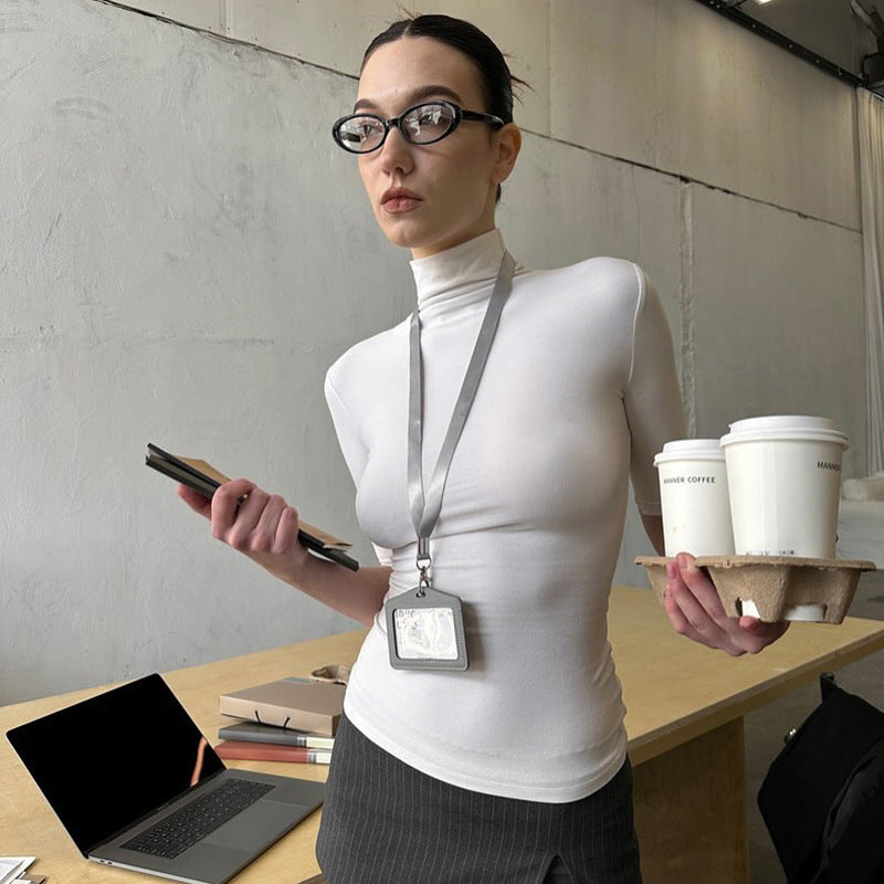 Women's Solid Color Turtleneck Half Sleeve Close-fitting And Slim-fitting Top